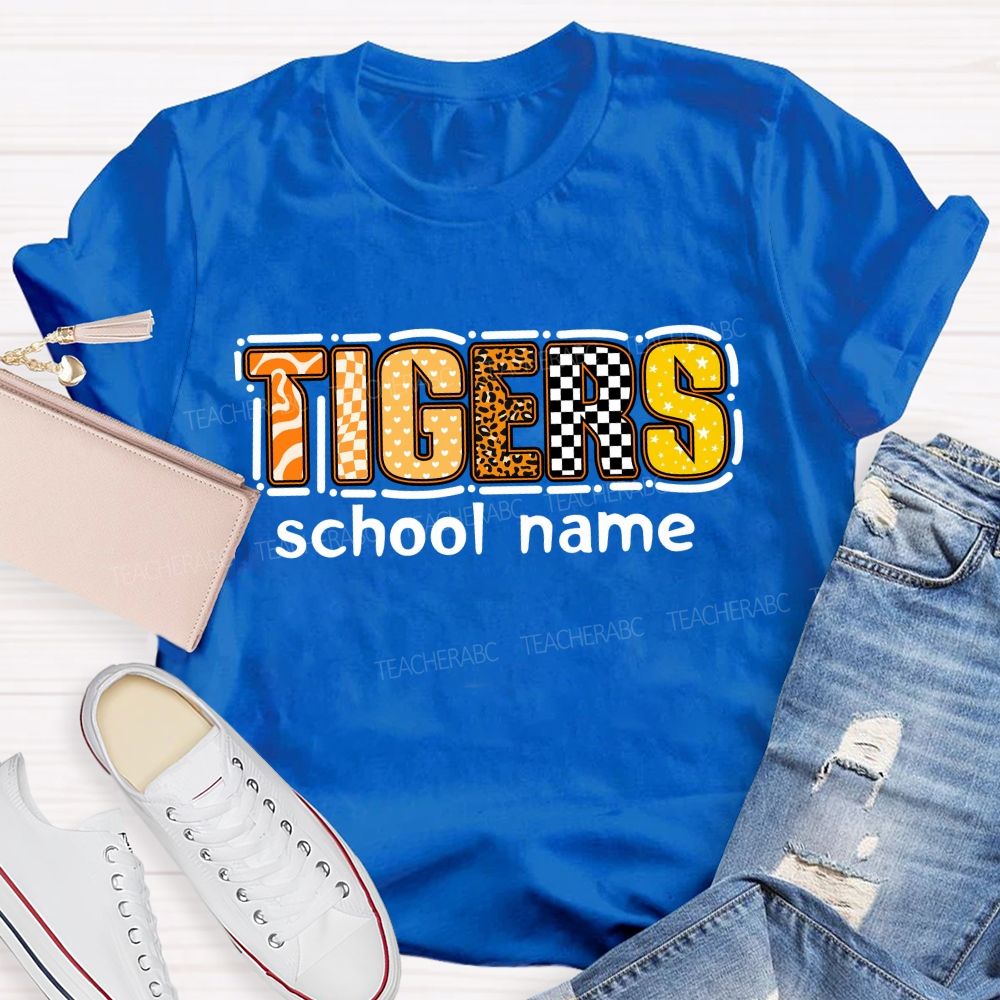 Personalized Mascot and school name Leopard Print Checkerboard And Stars Teacher T-shirt