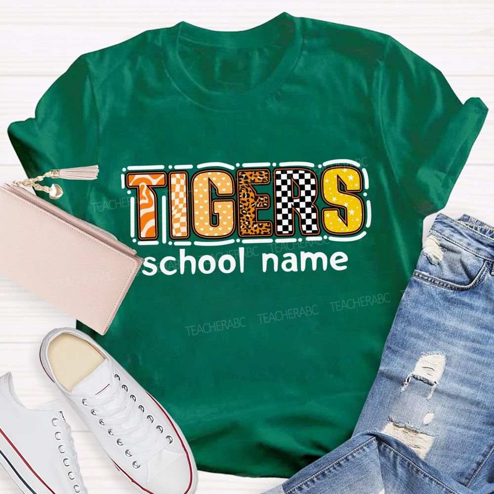 Personalized Mascot and school name Leopard Print Checkerboard And Stars Teacher T-shirt