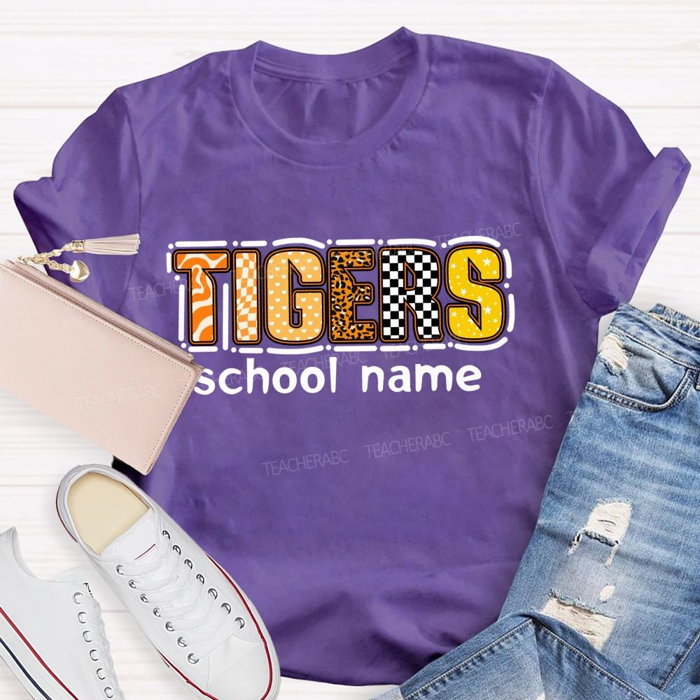 Personalized Mascot and school name Leopard Print Checkerboard And Stars Teacher T-shirt