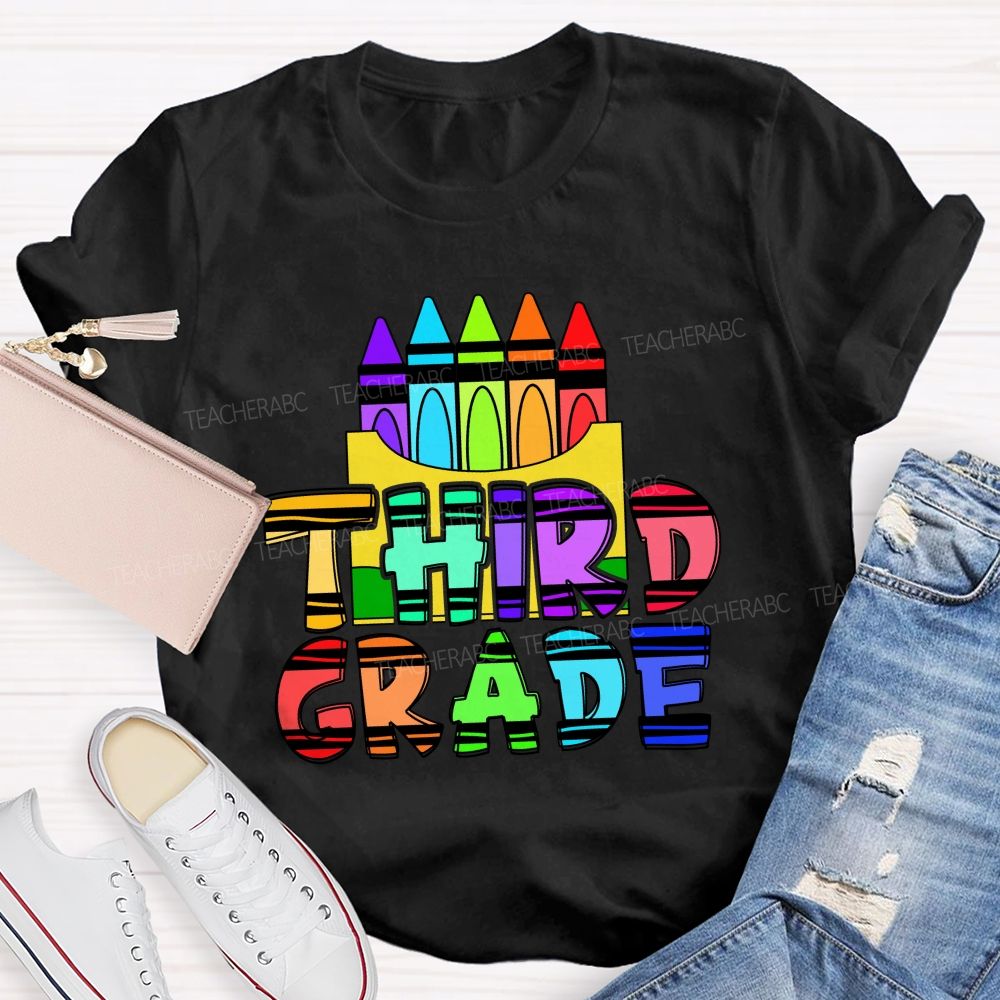 Personalized Grade Colored Crayon And Text Prints Teacher T-shirt