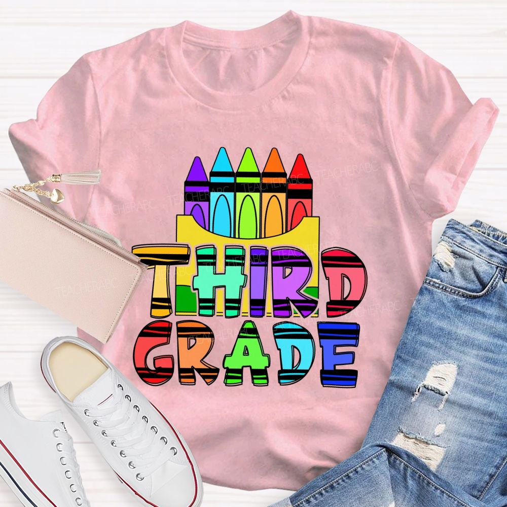 Personalized Grade Colored Crayon And Text Prints Teacher T-shirt