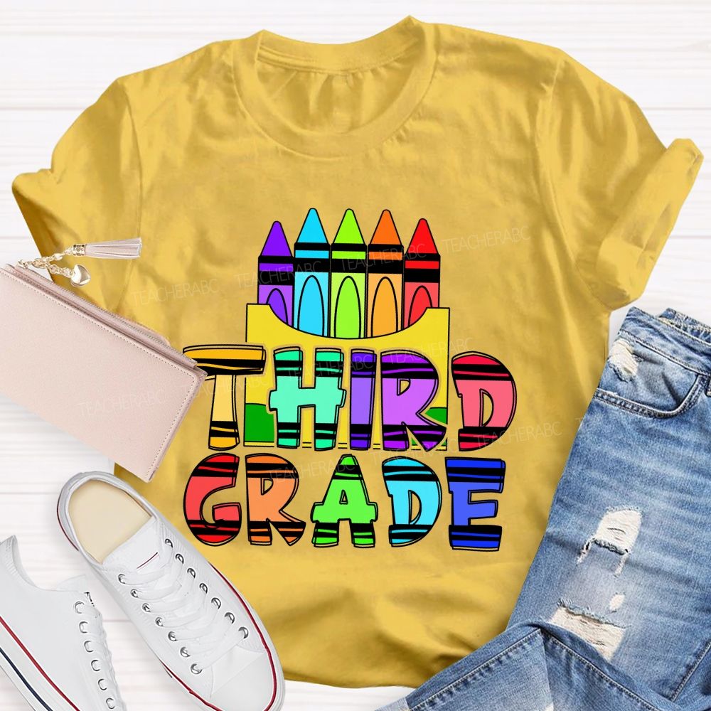 Personalized Grade Colored Crayon And Text Prints Teacher T-shirt