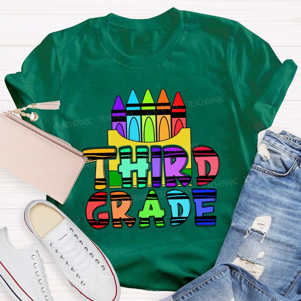 Personalized Grade Colored Crayon And Text Prints Teacher T-shirt
