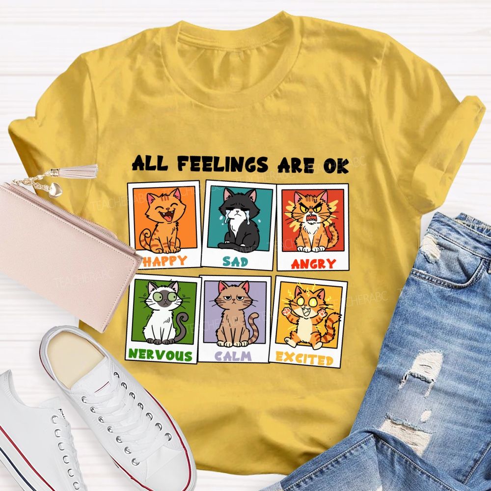 All Feelings Are Ok A Cat'S Various Moods Teacher T-Shirt