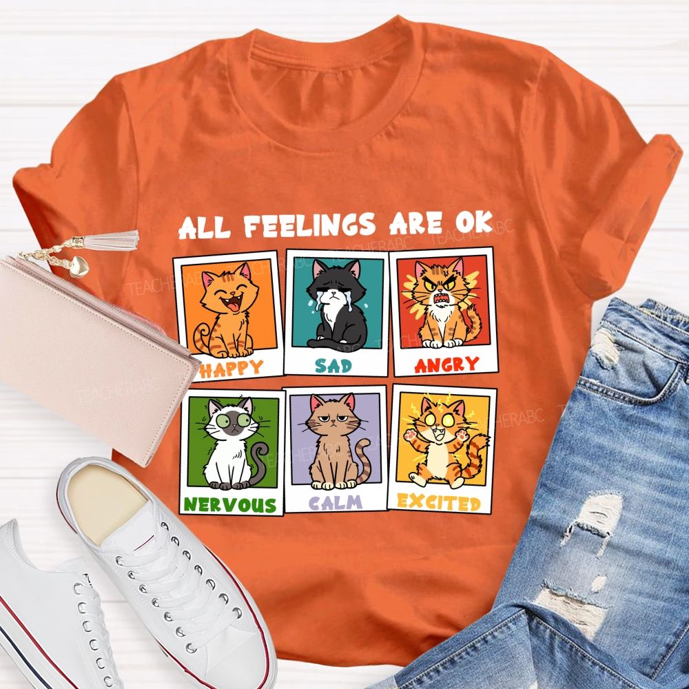 All Feelings Are Ok A Cat'S Various Moods Teacher T-Shirt