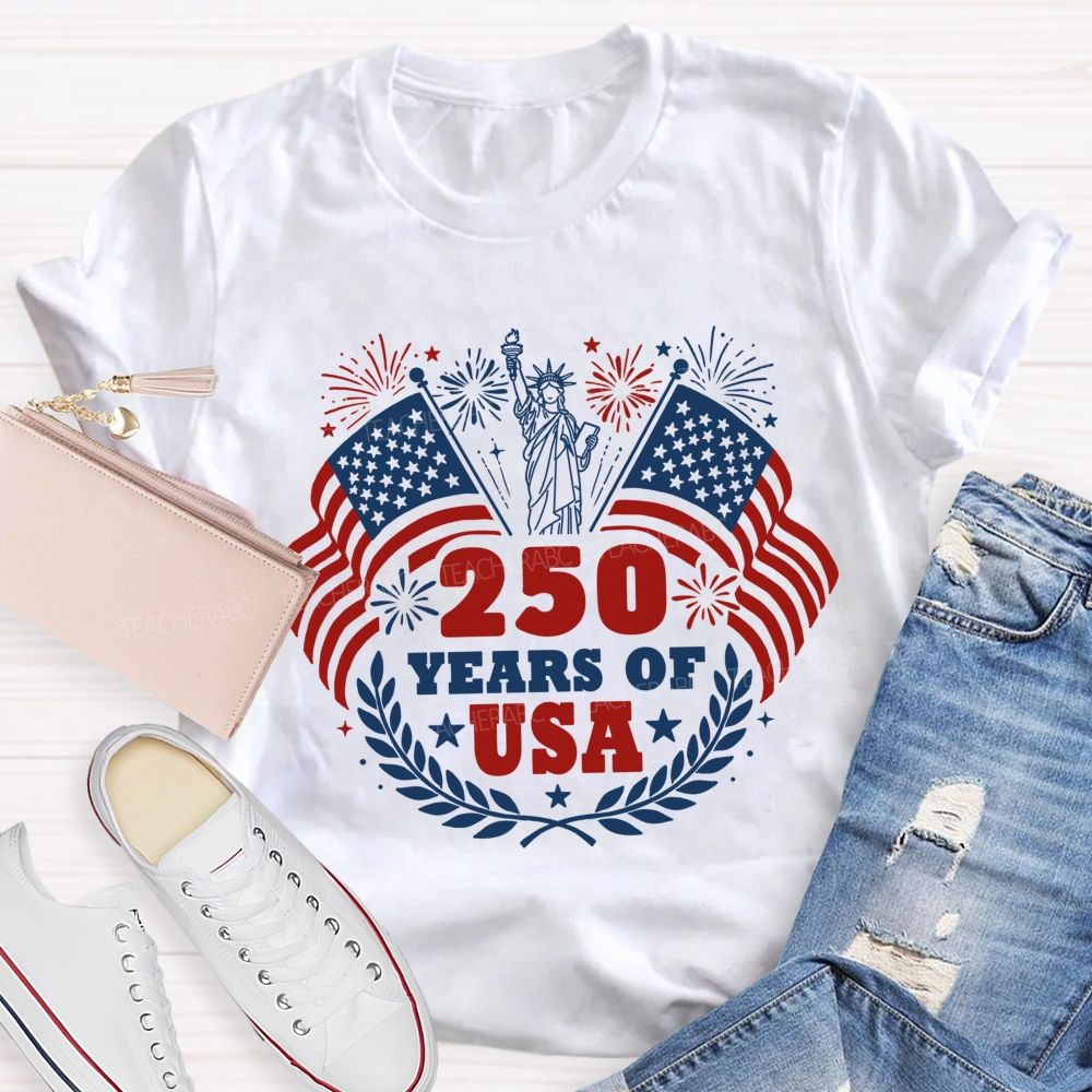 250 Years Of Usa Us Flag Fireworks Teacher T-Shirt