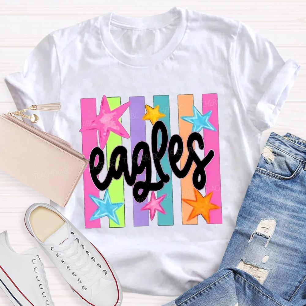 Personalized Mascot Colorful Strip Stars Teacher T-Shirt