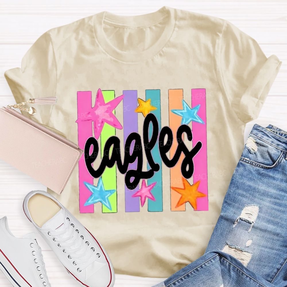 Personalized Mascot Colorful Strip Stars Teacher T-Shirt