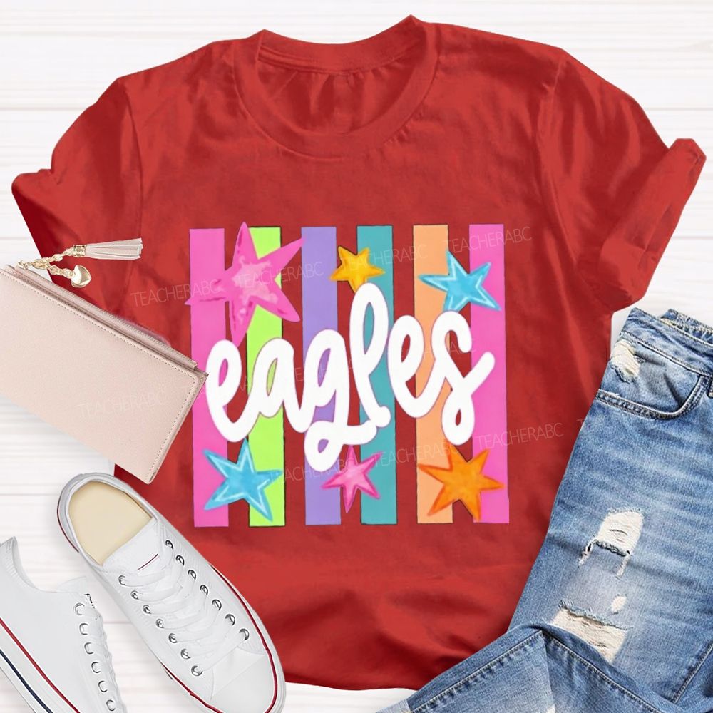 Personalized Mascot Colorful Strip Stars Teacher T-Shirt