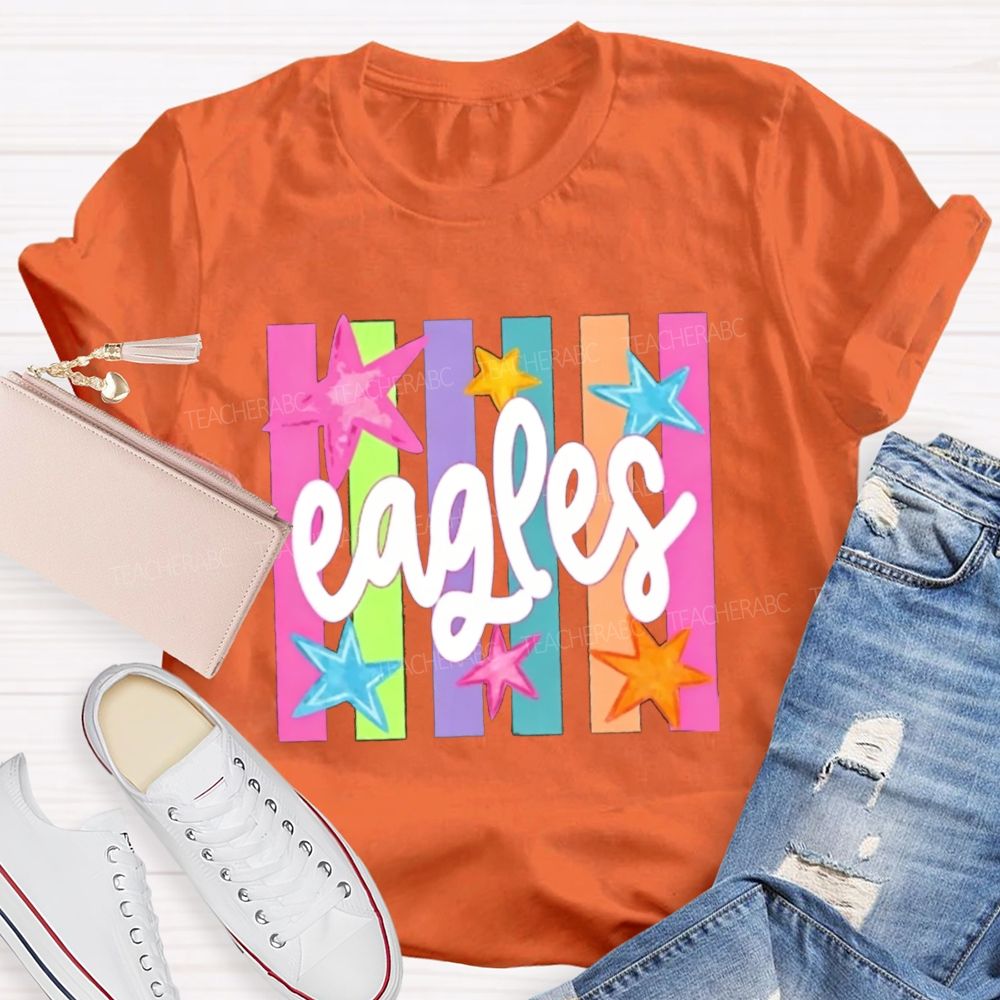 Personalized Mascot Colorful Strip Stars Teacher T-Shirt