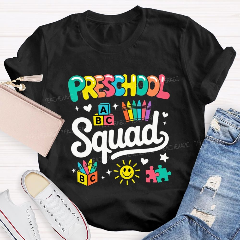 Personalized Grade Preschool Squad Colorful Crayon Sun Teacher T-Shirt