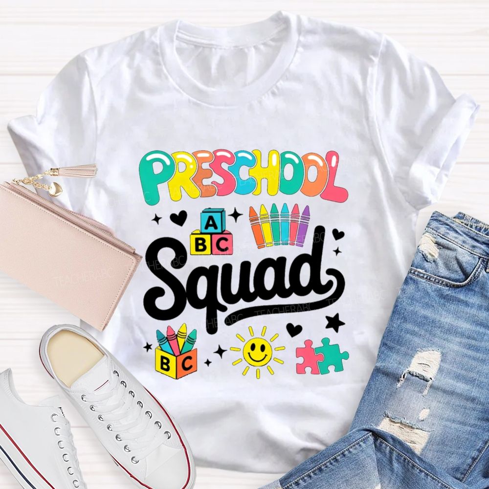 Personalized Grade Preschool Squad Colorful Crayon Sun Teacher T-Shirt