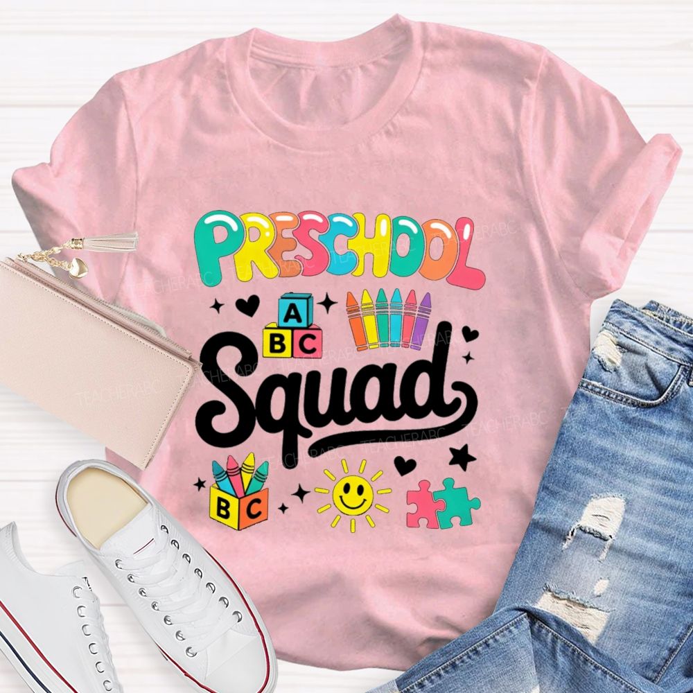 Personalized Grade Preschool Squad Colorful Crayon Sun Teacher T-Shirt