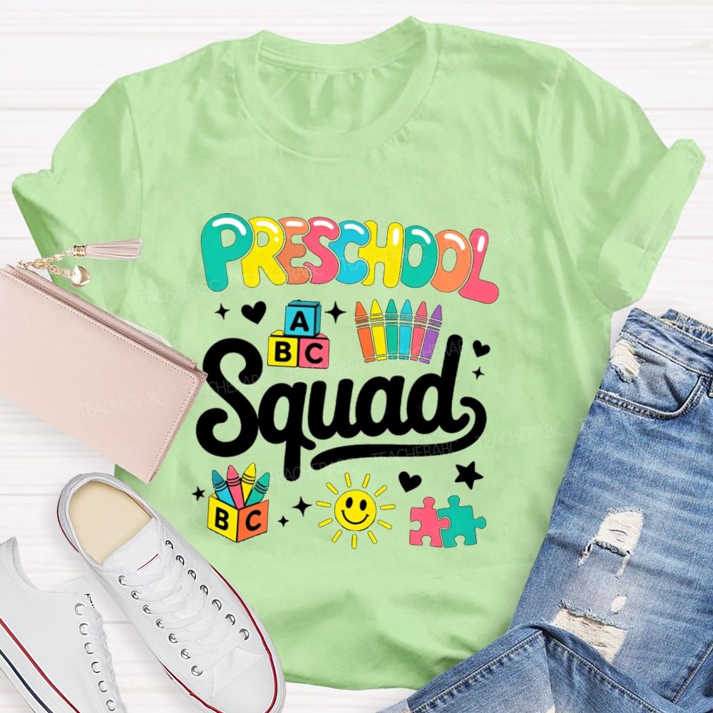 Personalized Grade Preschool Squad Colorful Crayon Sun Teacher T-Shirt