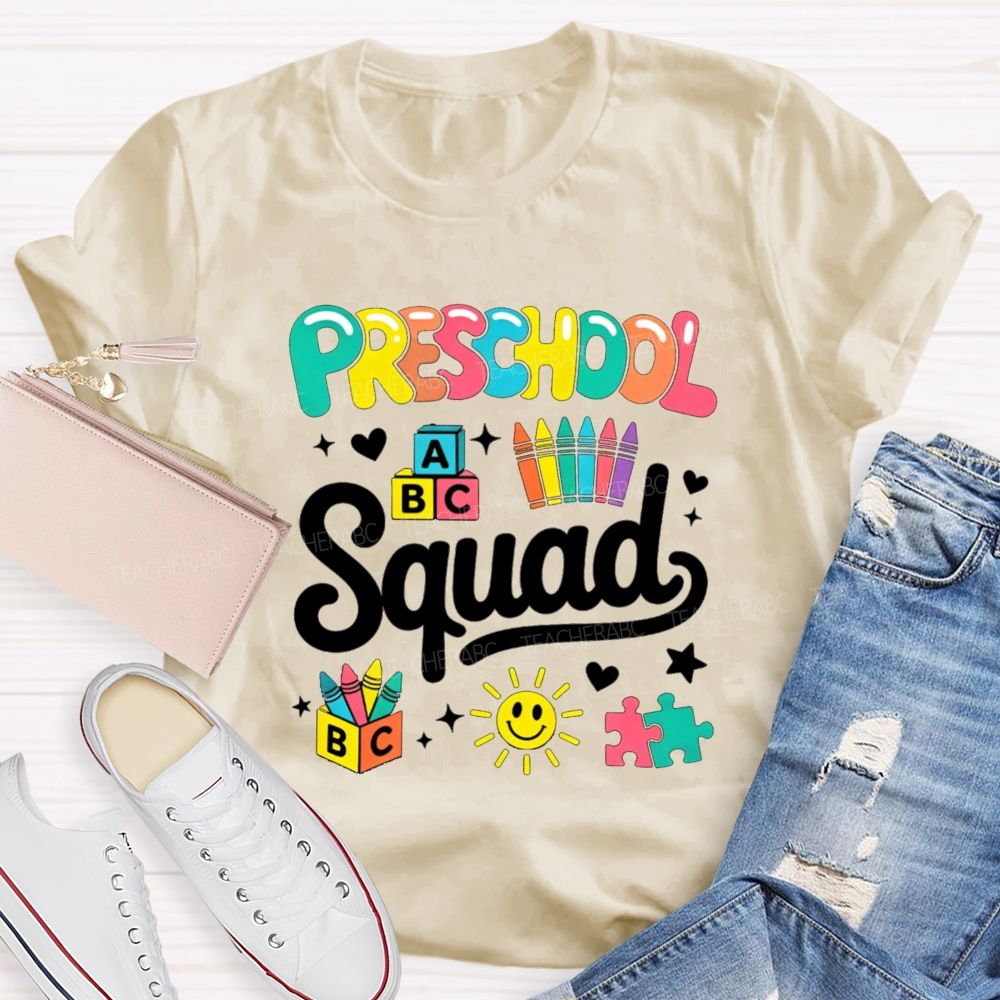 Personalized Grade Preschool Squad Colorful Crayon Sun Teacher T-Shirt