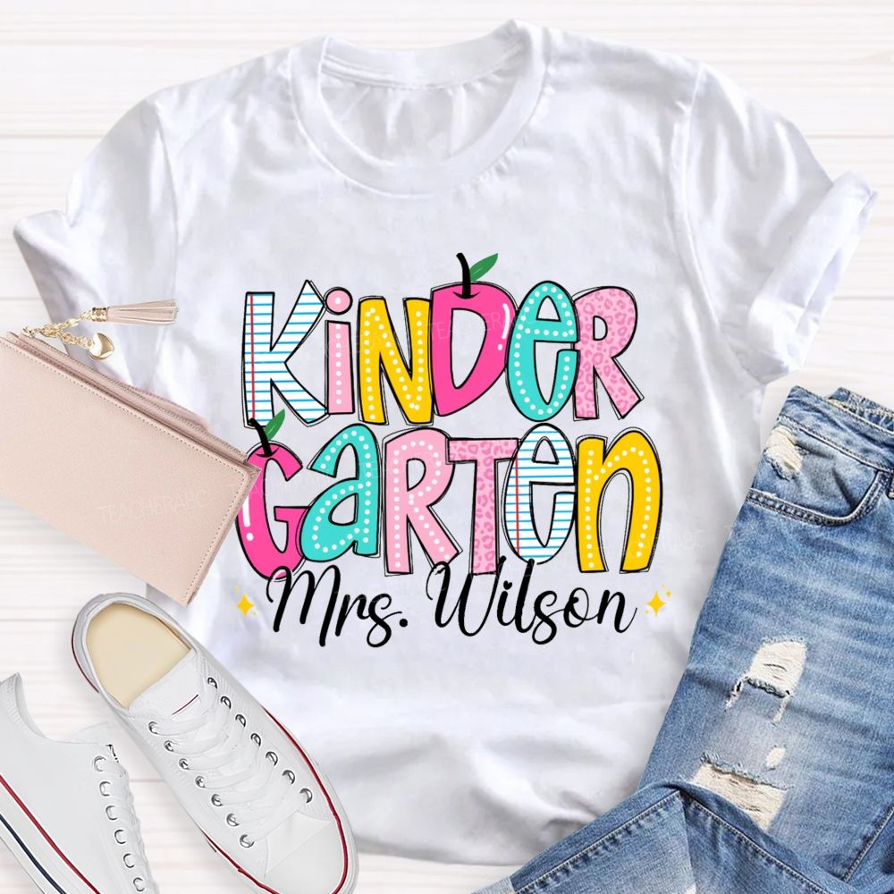 Personalized Grade And Name Pink Apple Leopard Strip Teacher T-Shirt