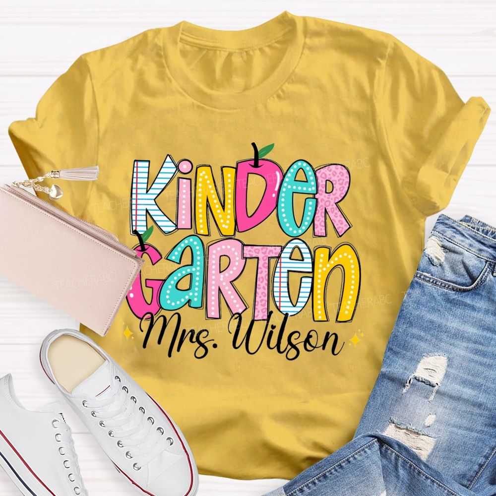Personalized Grade And Name Pink Apple Leopard Strip Teacher T-Shirt