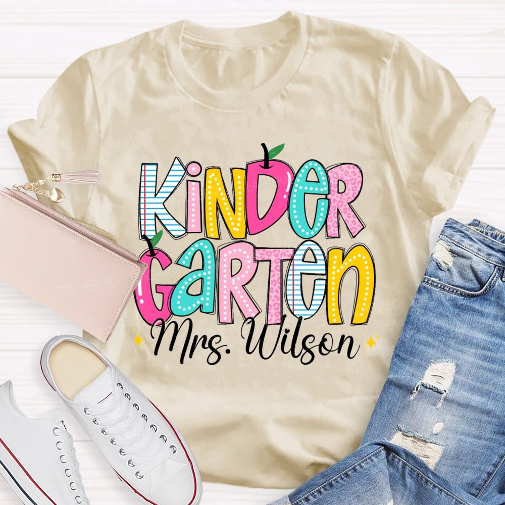 Personalized Grade And Name Pink Apple Leopard Strip Teacher T-Shirt
