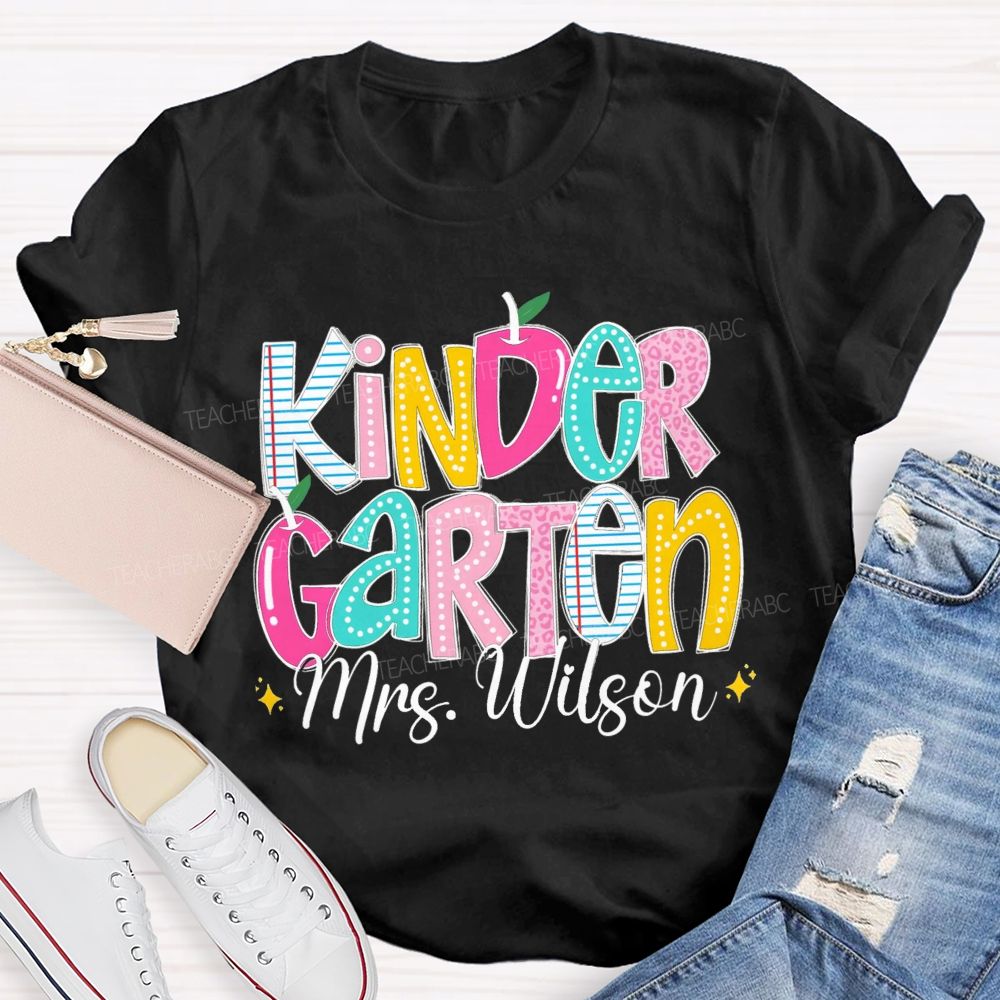 Personalized Grade And Name Pink Apple Leopard Strip Teacher T-Shirt