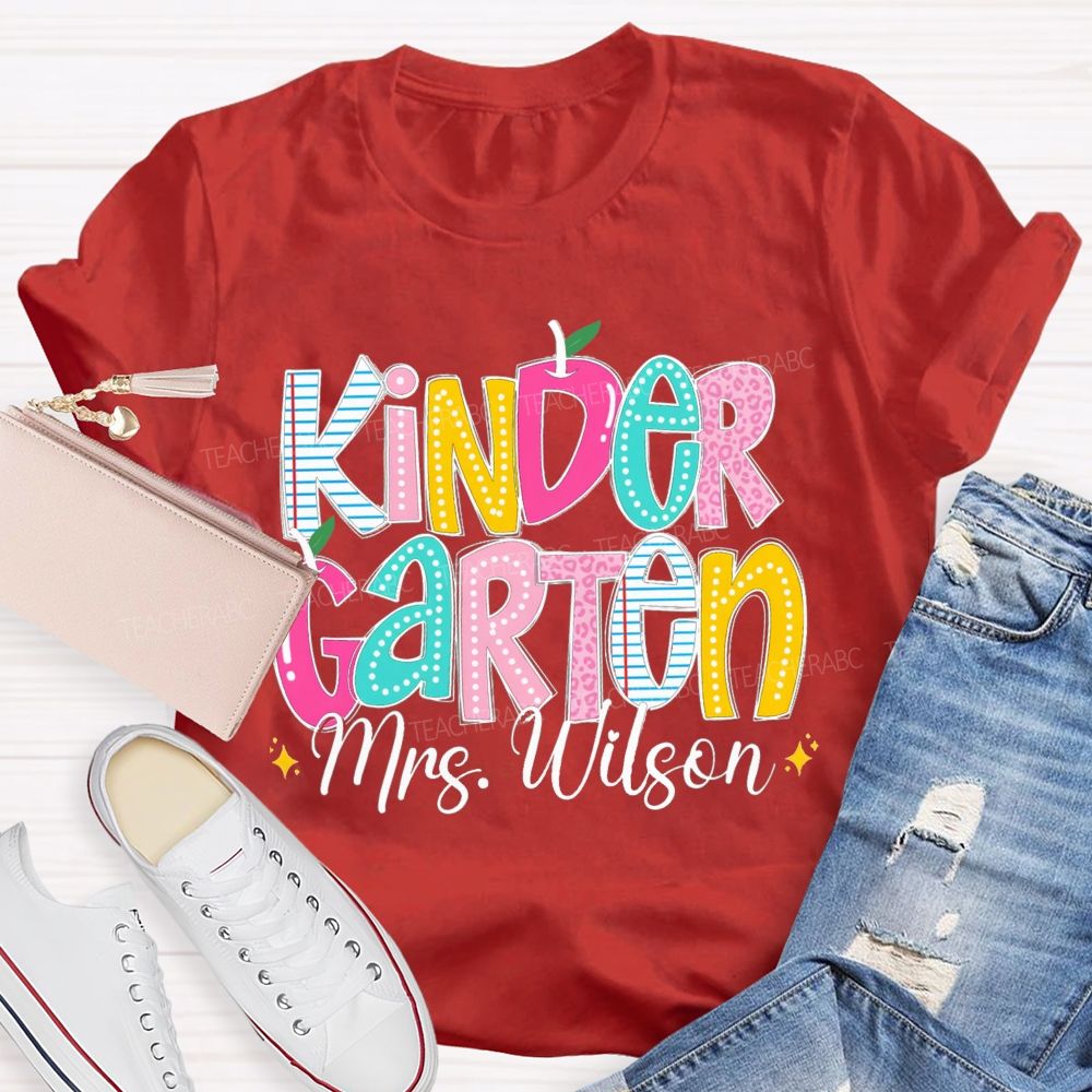Personalized Grade And Name Pink Apple Leopard Strip Teacher T-Shirt