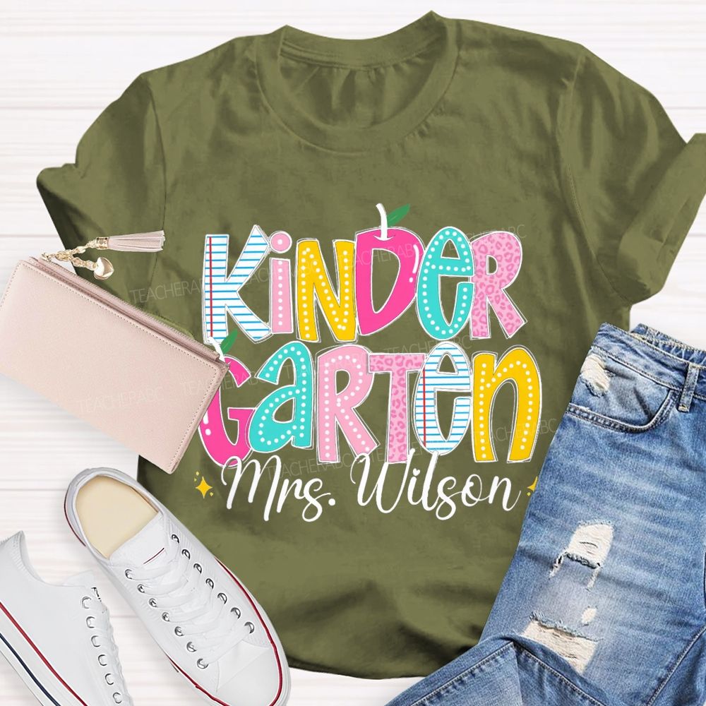 Personalized Grade And Name Pink Apple Leopard Strip Teacher T-Shirt