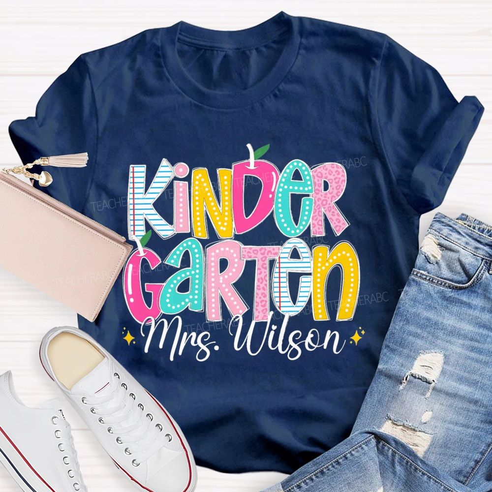 Personalized Grade And Name Pink Apple Leopard Strip Teacher T-Shirt