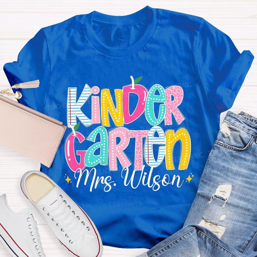 Personalized Grade And Name Pink Apple Leopard Strip Teacher T-Shirt