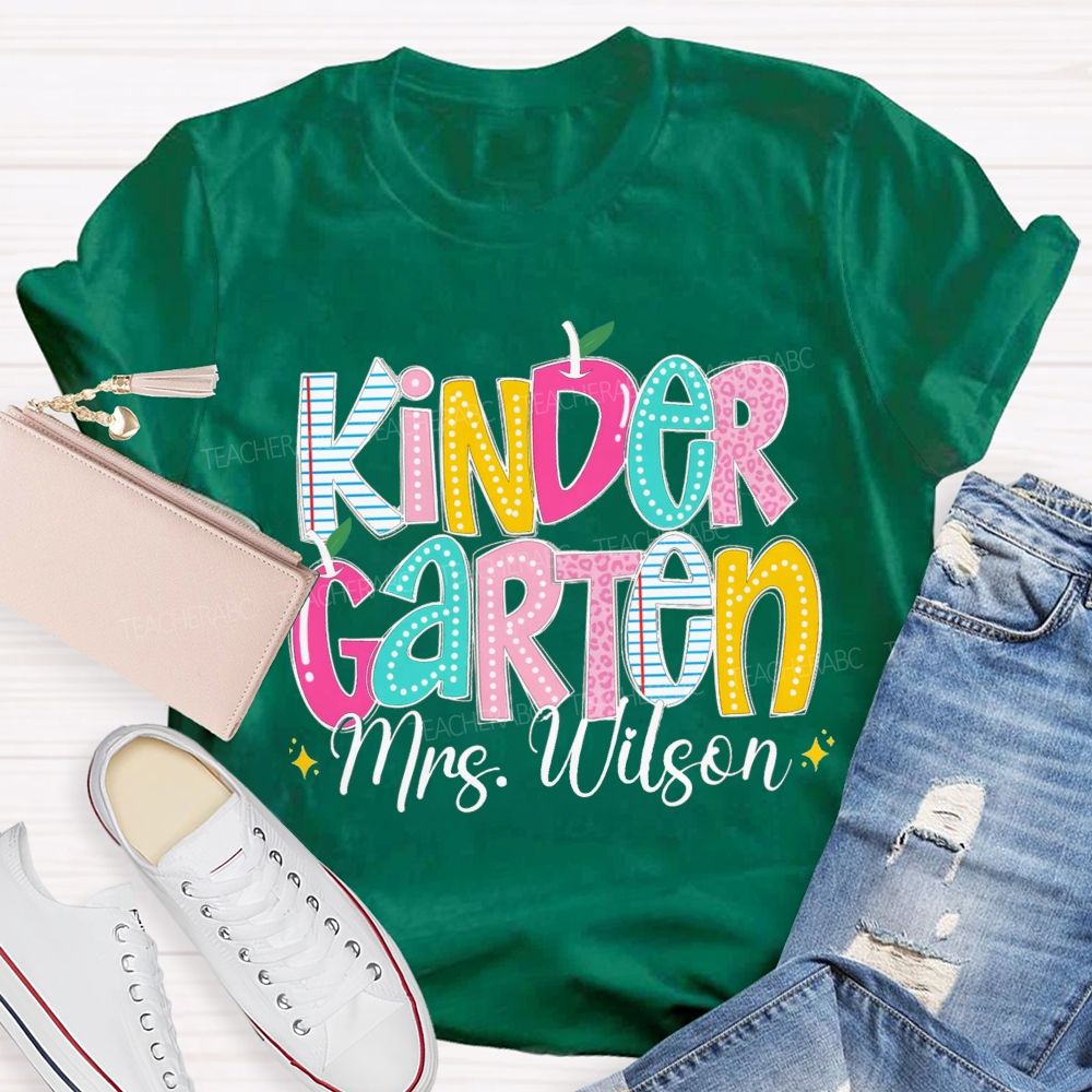 Personalized Grade And Name Pink Apple Leopard Strip Teacher T-Shirt