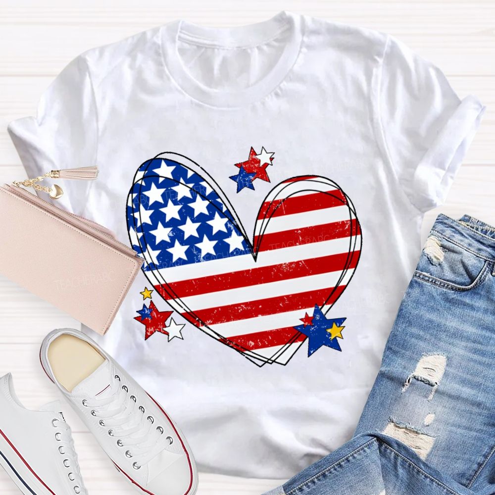 America Flag Stars Heart Teacher T-shirt