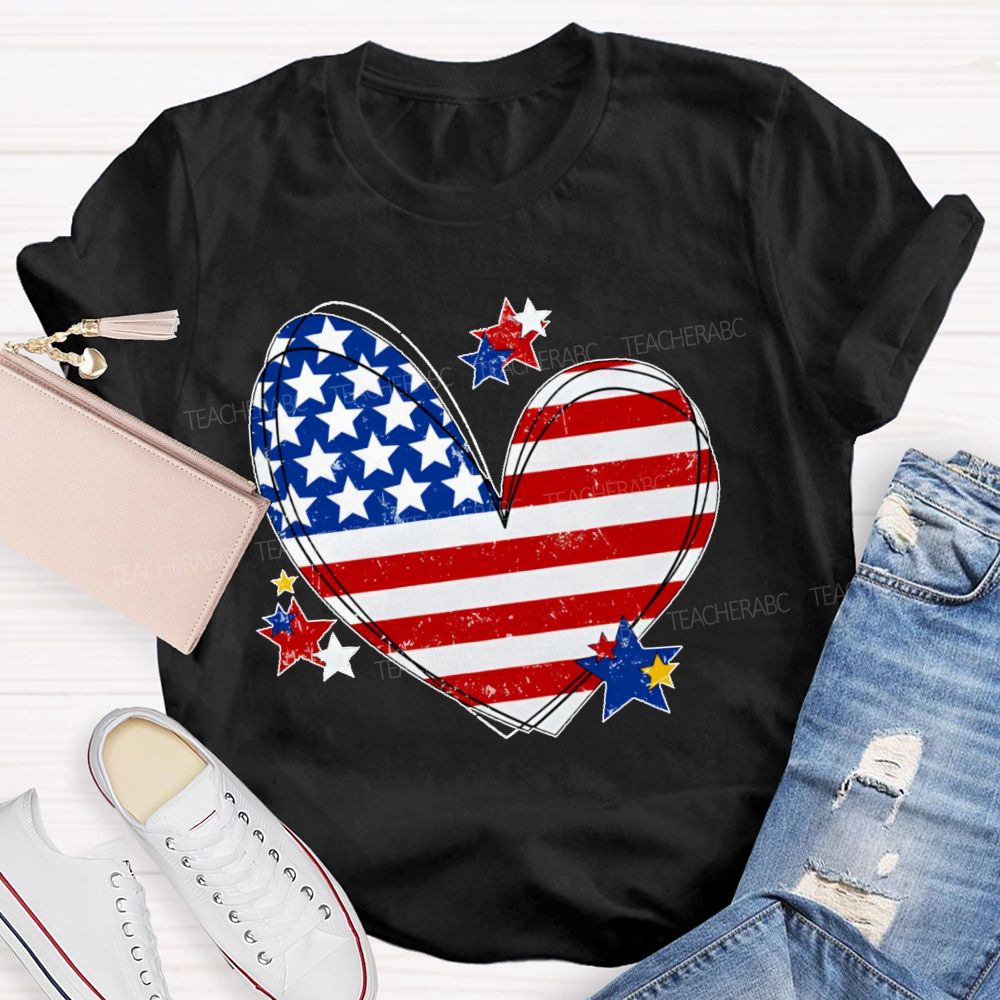 America Flag Stars Heart Teacher T-shirt