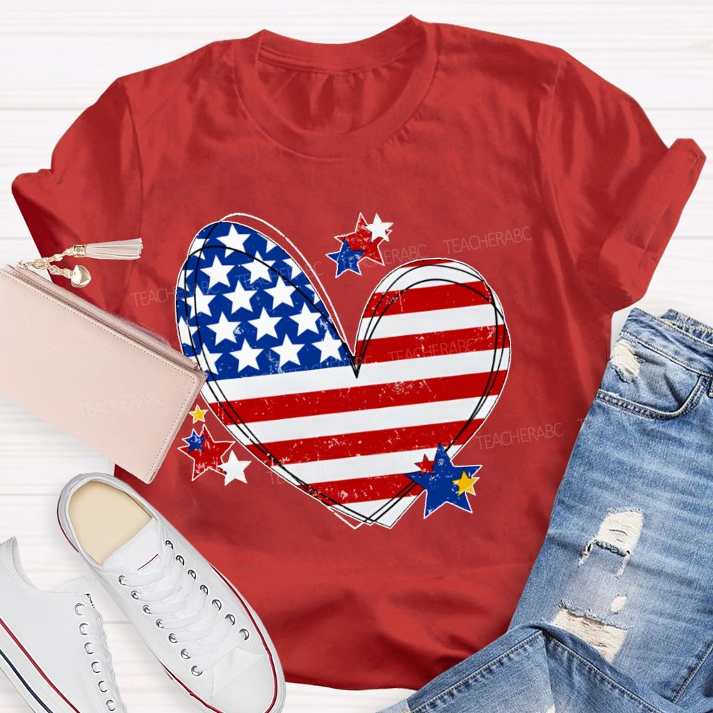 America Flag Stars Heart Teacher T-shirt