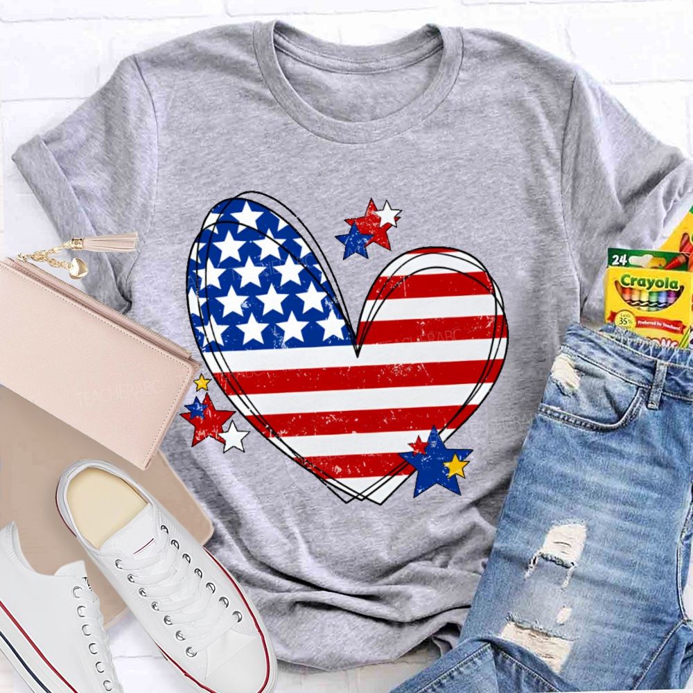 America Flag Stars Heart Teacher T-shirt