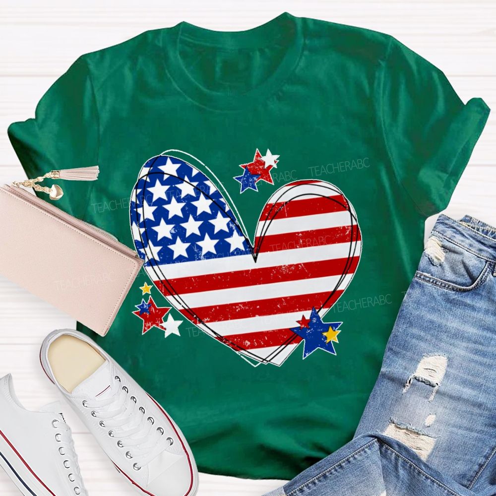 America Flag Stars Heart Teacher T-shirt