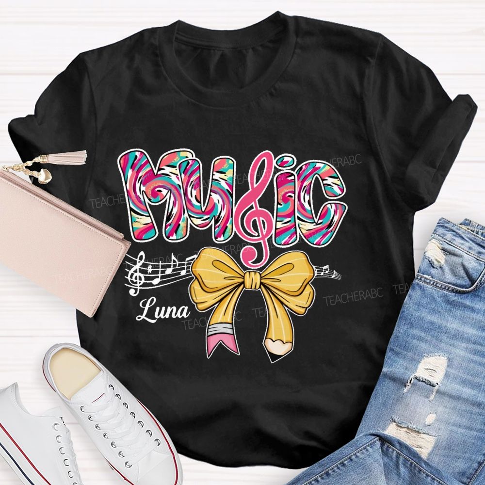 Personalized Name Bow Colorful Music Teacher T-shirt