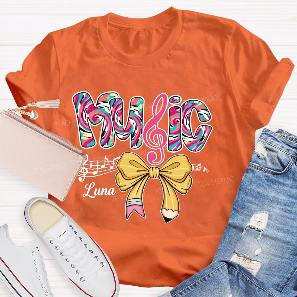 Personalized Name Bow Colorful Music Teacher T-shirt