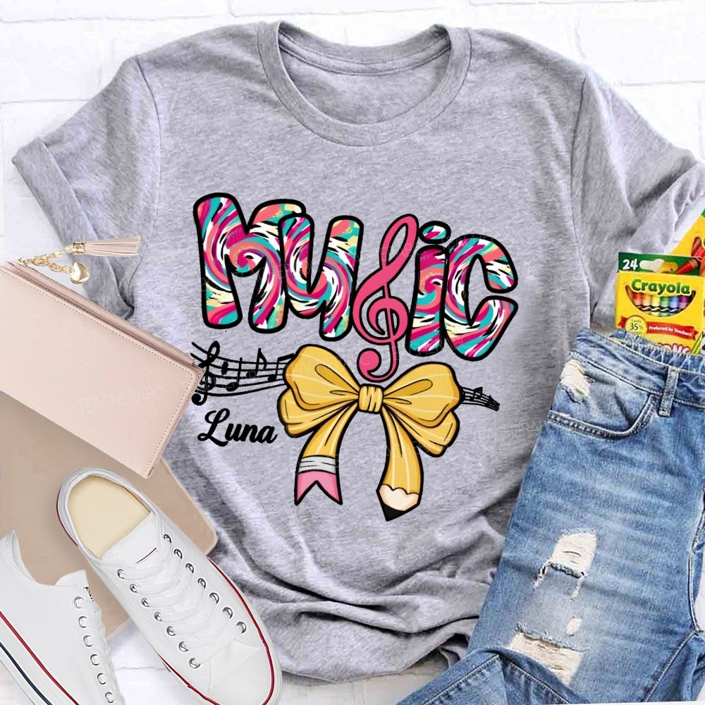 Personalized Name Bow Colorful Music Teacher T-shirt