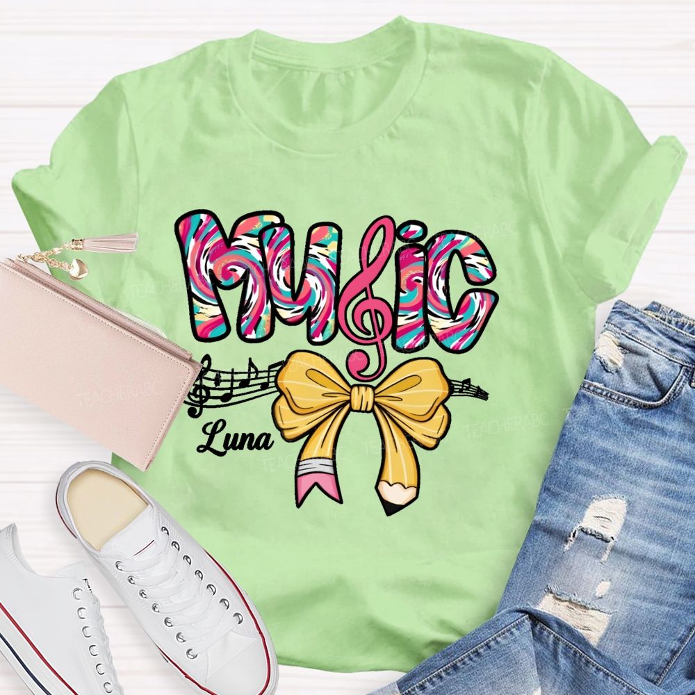 Personalized Name Bow Colorful Music Teacher T-shirt
