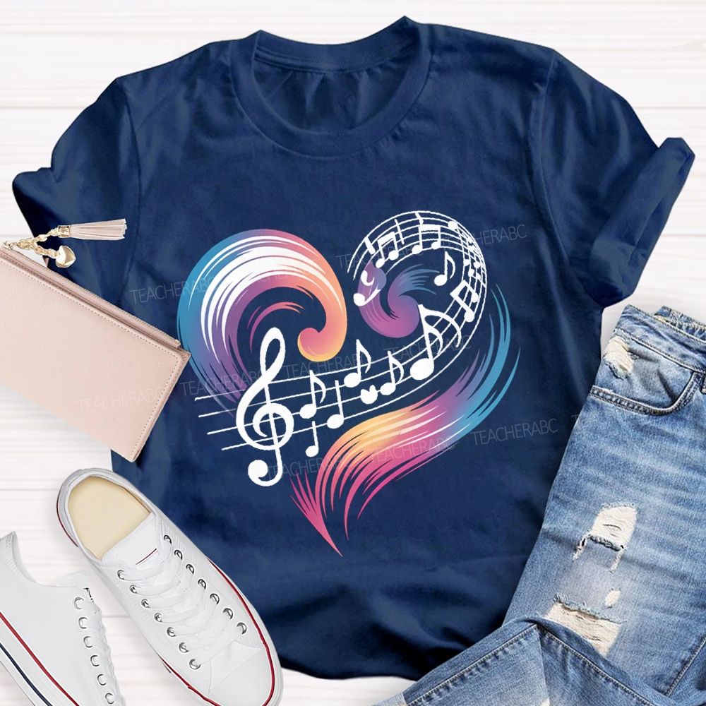 Colorful Gradient Heart And Musical Notes Teacher T-shirt