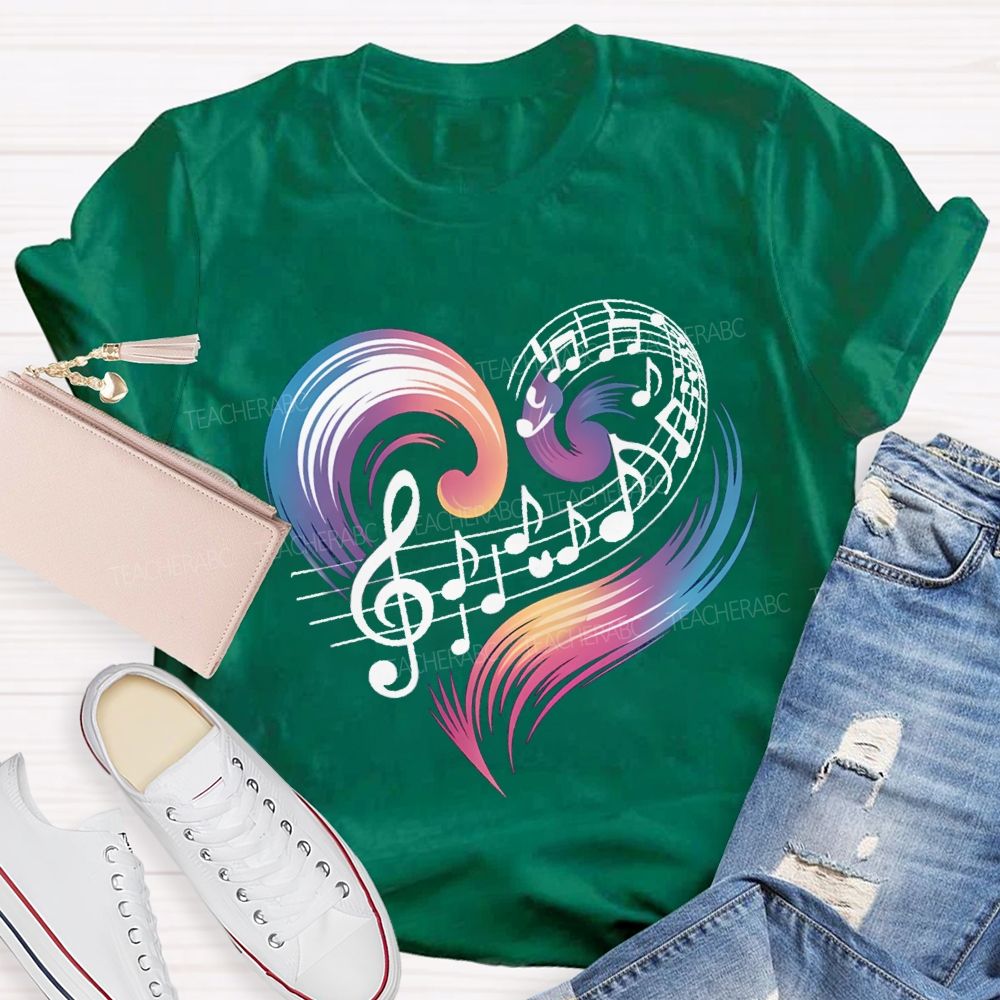 Colorful Gradient Heart And Musical Notes Teacher T-shirt
