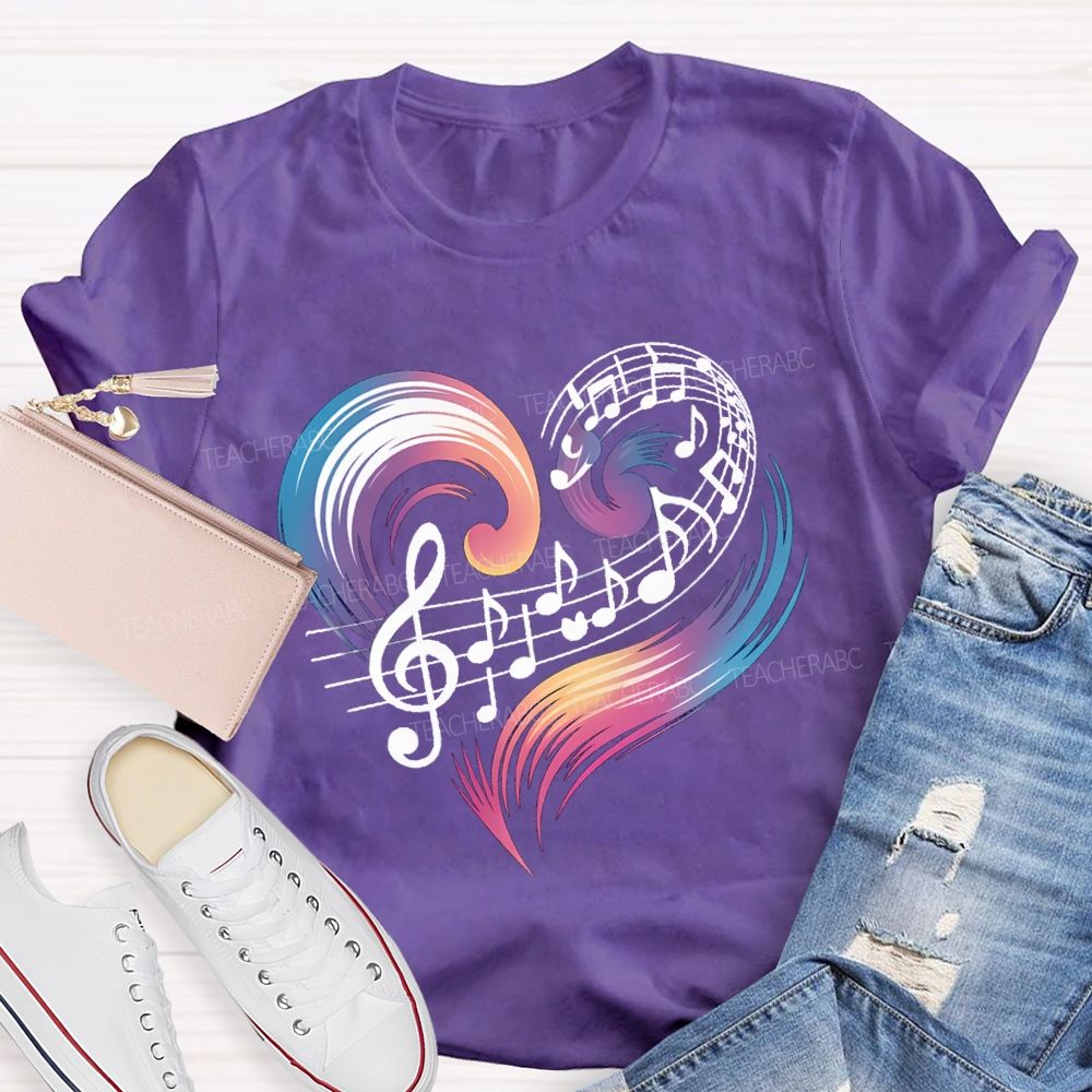Colorful Gradient Heart And Musical Notes Teacher T-shirt