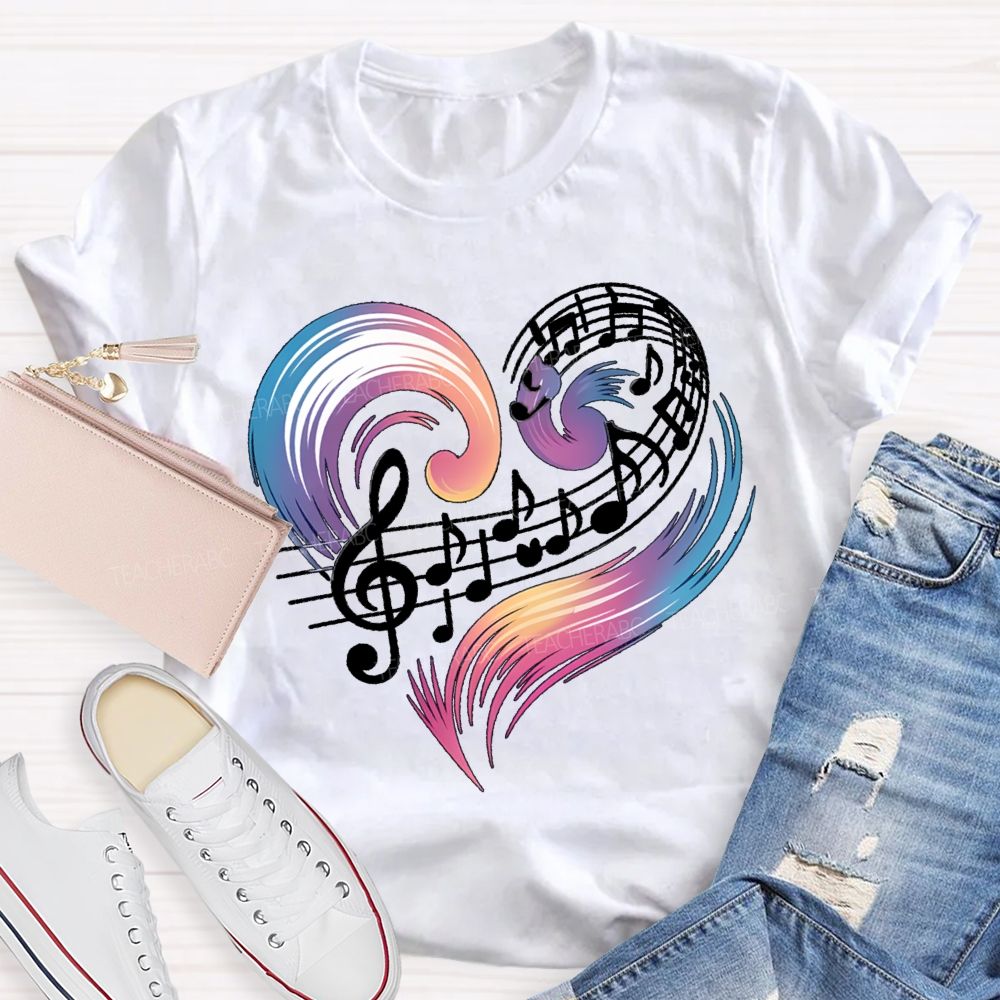 Colorful Gradient Heart And Musical Notes Teacher T-shirt
