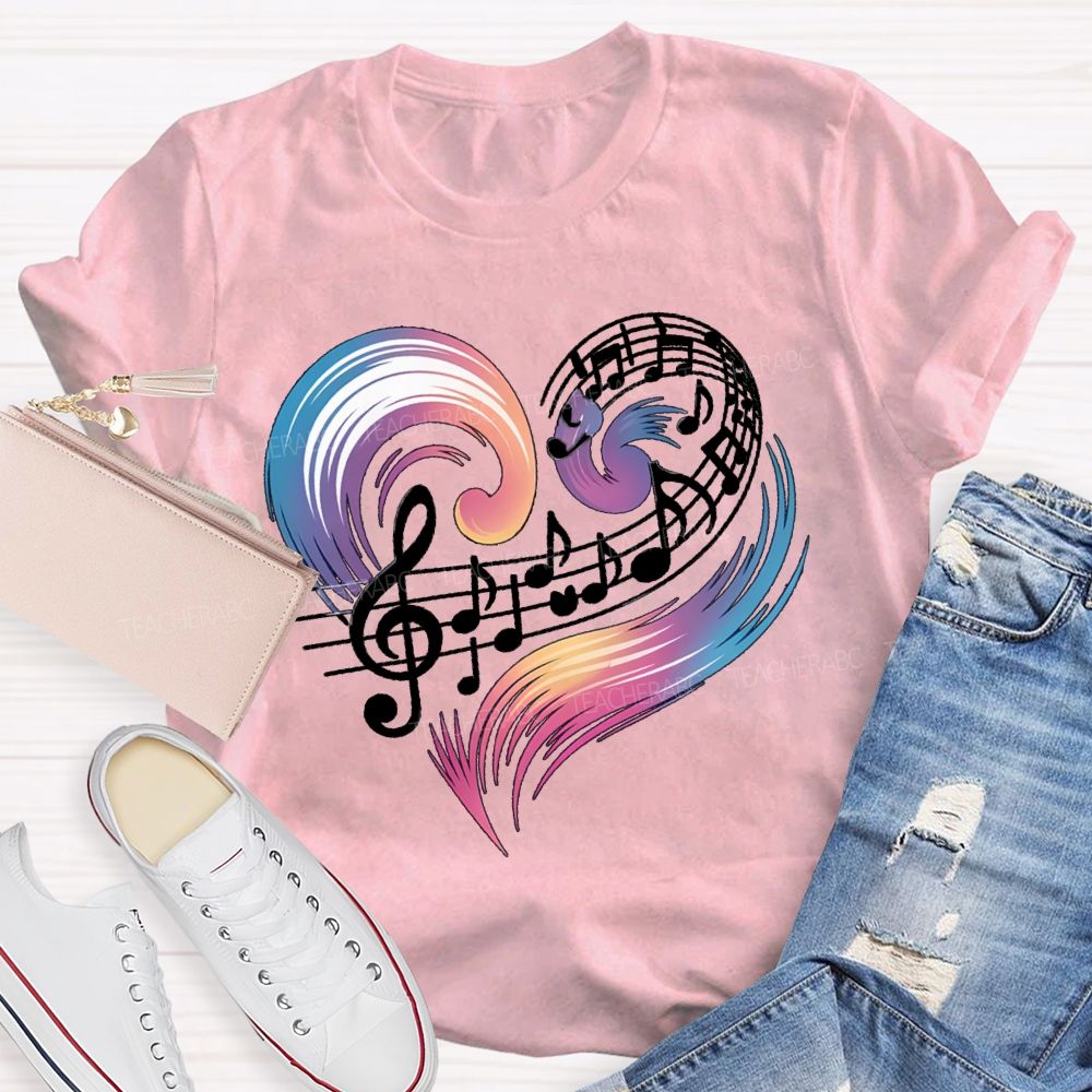 Colorful Gradient Heart And Musical Notes Teacher T-shirt