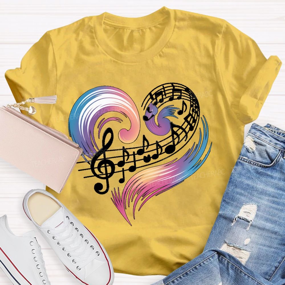 Colorful Gradient Heart And Musical Notes Teacher T-shirt