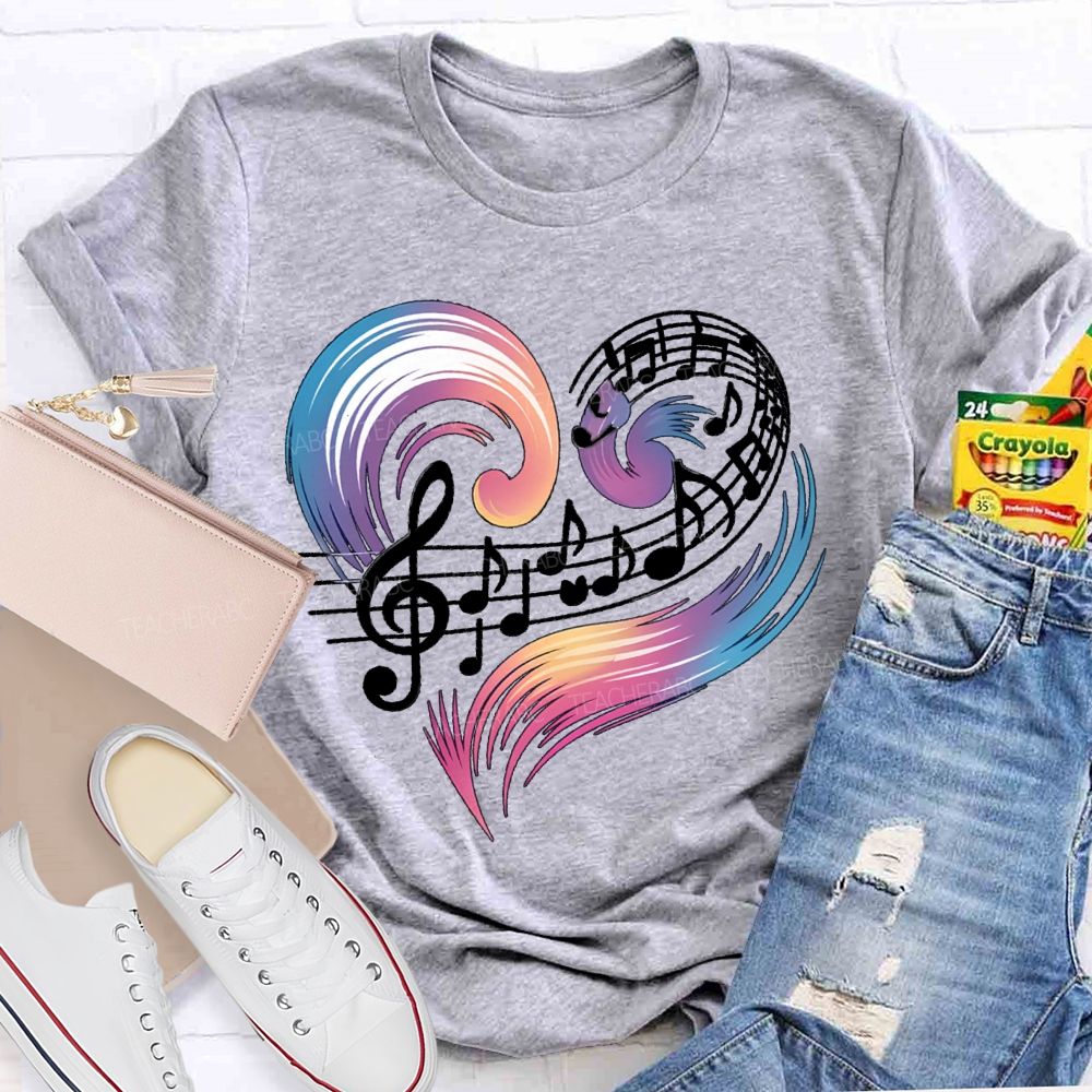 Colorful Gradient Heart And Musical Notes Teacher T-shirt