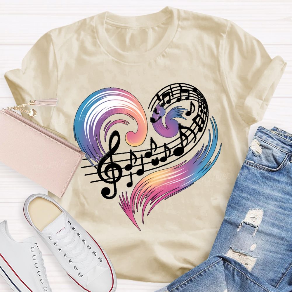 Colorful Gradient Heart And Musical Notes Teacher T-shirt