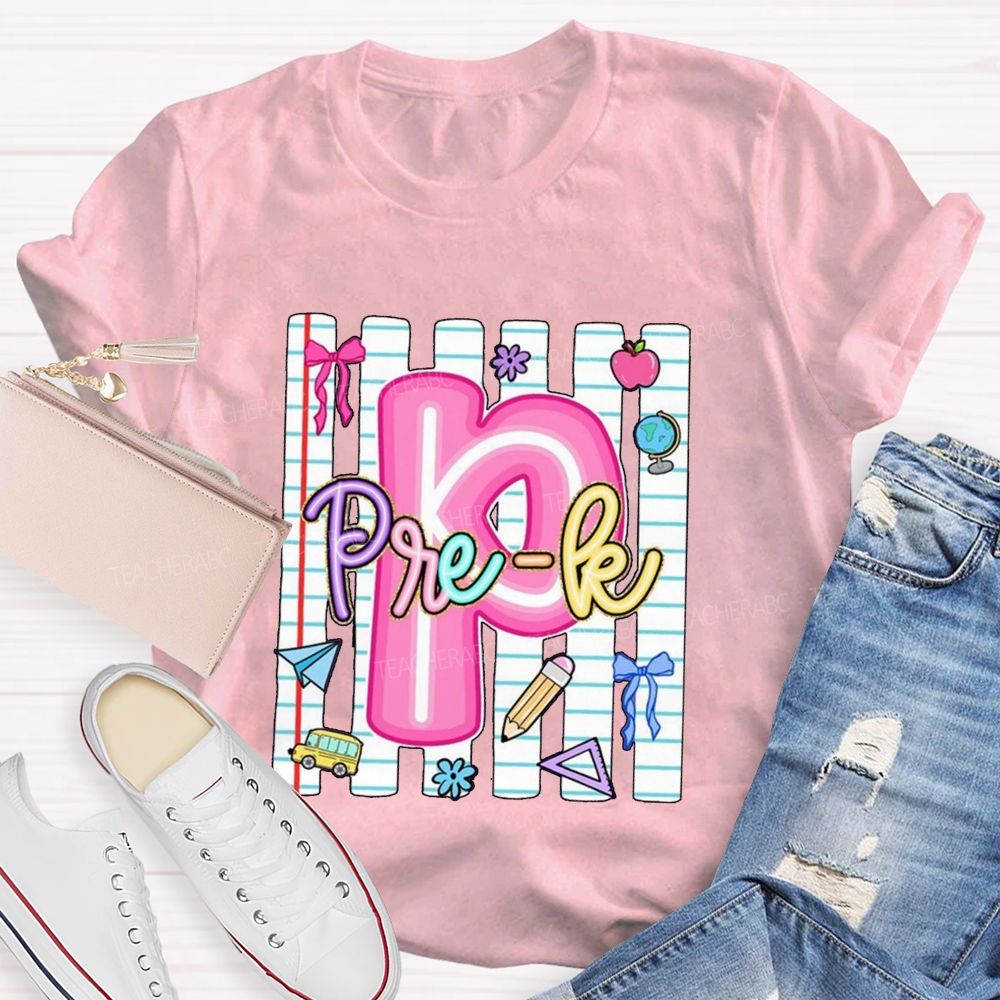 Personalized Grade Pink Letter P is For Pre-k Teacher T-shirt