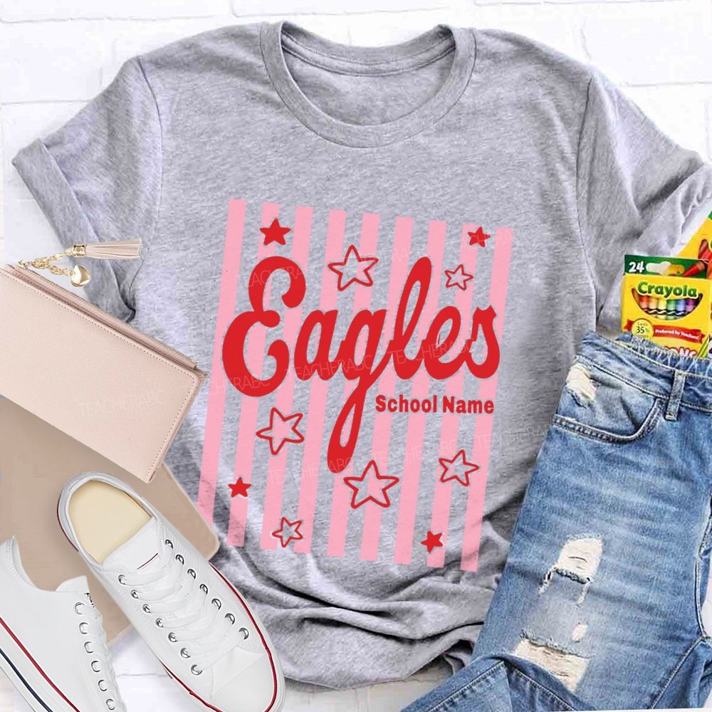 Personalized Mascot And School Name Colorful Strip Star Teacher T-Shirt