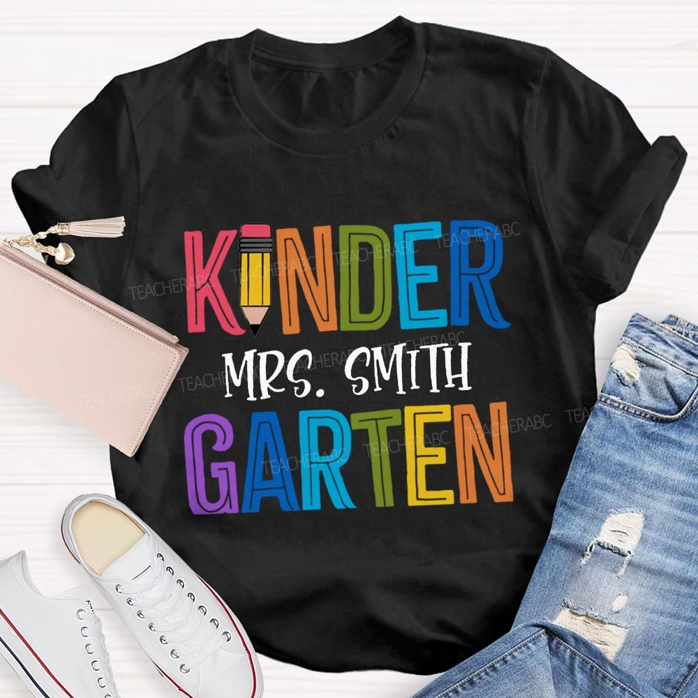 Personalized Grade And Name Colorful Letters Pencil Teacher T-Shirt