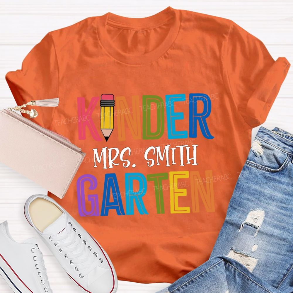 Personalized Grade And Name Colorful Letters Pencil Teacher T-Shirt