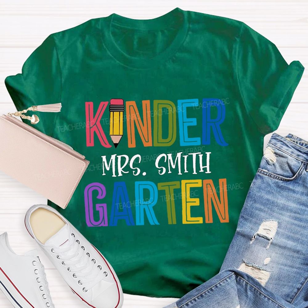 Personalized Grade And Name Colorful Letters Pencil Teacher T-Shirt